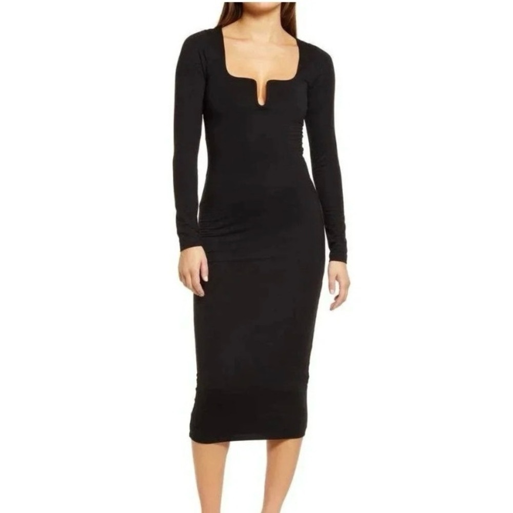 Good American Black Stretch Jersey U Ring Square Neck Midi Bodycon Dress Women S